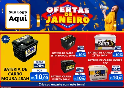 Modelo de Encarte para Encarte A4 Horizontal com o tema Ofertas de Janeiro para Baterias Elétricas