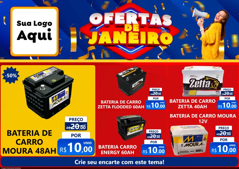 Modelo de Encarte para Encarte A4 Horizontal com o tema Ofertas de Janeiro para Baterias Elétricas