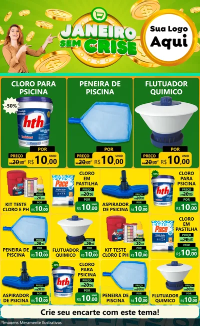 Modelo de Encarte para Encarte Grande com o tema Janeiro Sem Crise para Produtos para Piscina