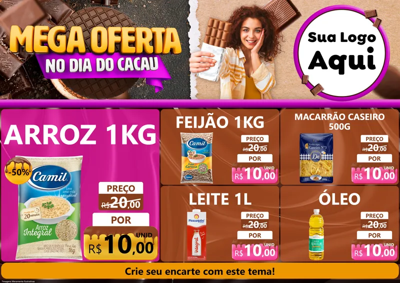 Modelo de Encarte para Encarte A4 Horizontal com o tema Mega Oferta no Dia do Cacau para Supermercado