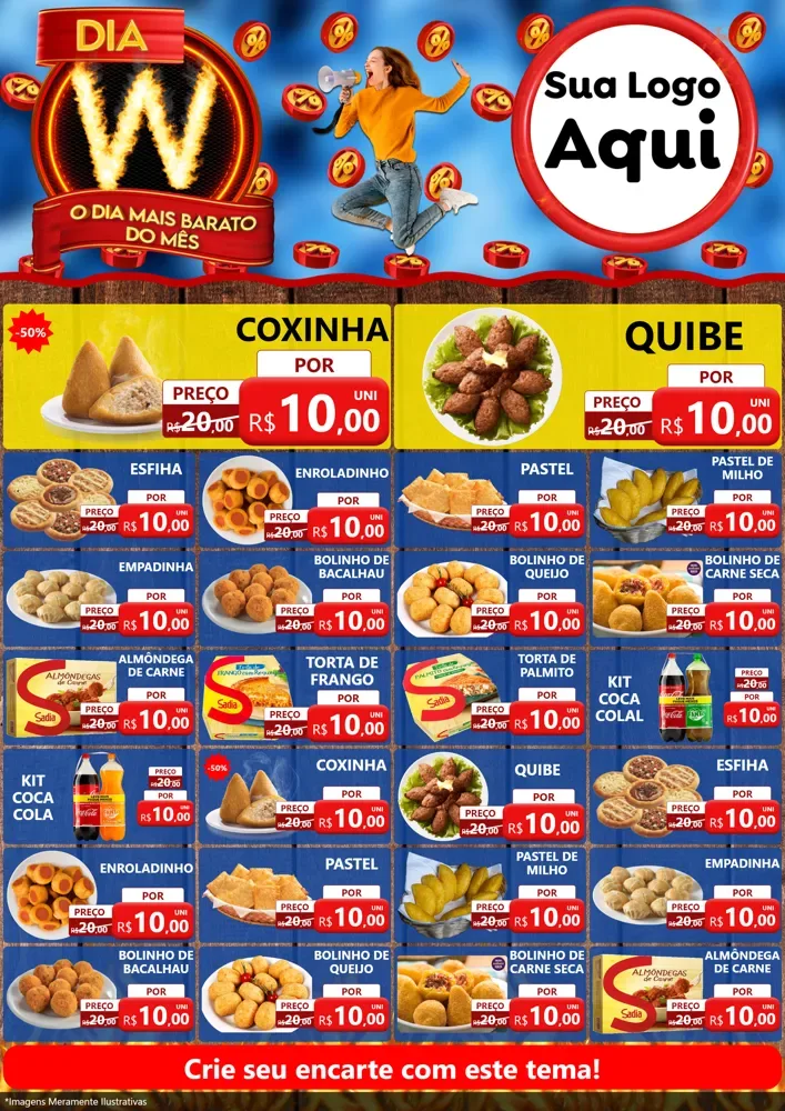 Modelo de Encarte para Encarte A4 Vertical com o tema Dia W - O Dia Mais Barato Do Mês para Salgadaria