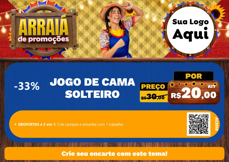 Modelo de Cartaz para Cartaz A4 Horizontal com o tema Arraiá de Promoções para Cama, Mesa e Banho