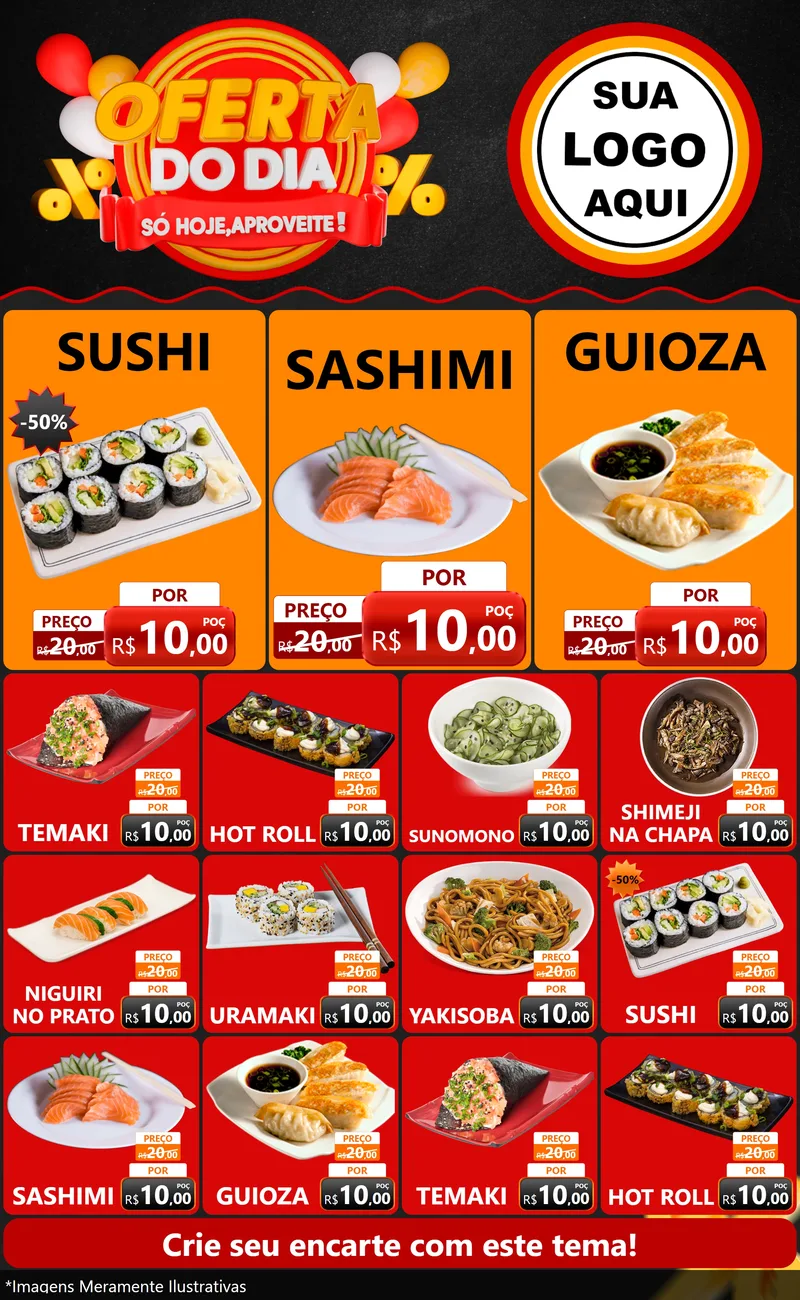 Modelo de Encarte para Encarte Grande com o tema Oferta do Dia - Só hoje, Aproveite! para Comida japonesa