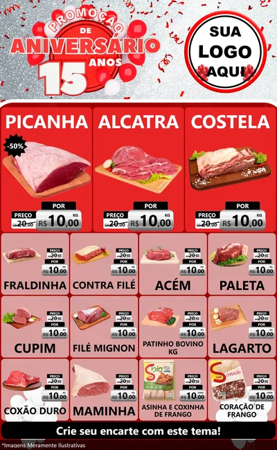 Modelo de Encarte para Encarte Grande com o tema Promoção de Aniversário - 15 Anos para Açougue