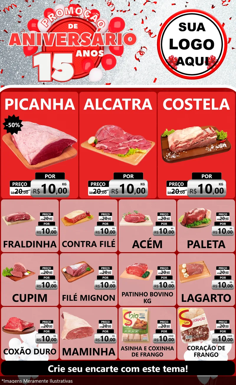 Modelo de Encarte para Encarte Grande com o tema Promoção de Aniversário - 15 Anos para Açougue