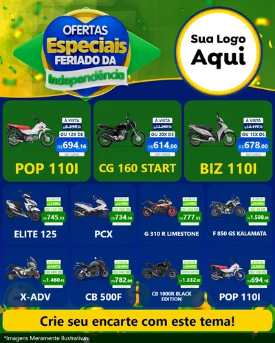 Modelo de Rede Social para Feed Instagram com o tema Ofertas Especiais Feriado da Independência para Concessionaria de Motos