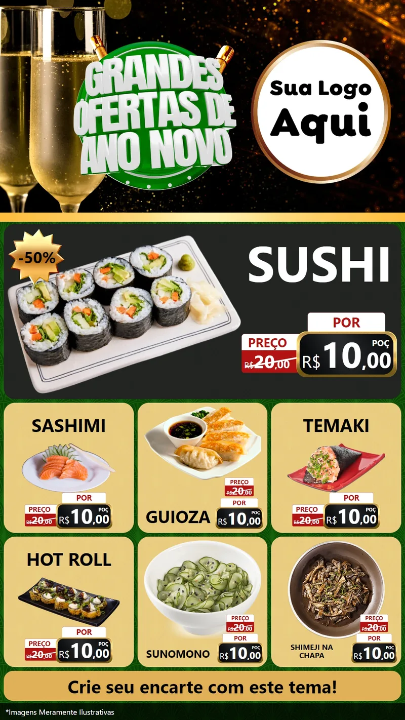 Modelo de Rede Social para Stories com o tema Grandes Ofertas de Ano Novo para Comida japonesa
