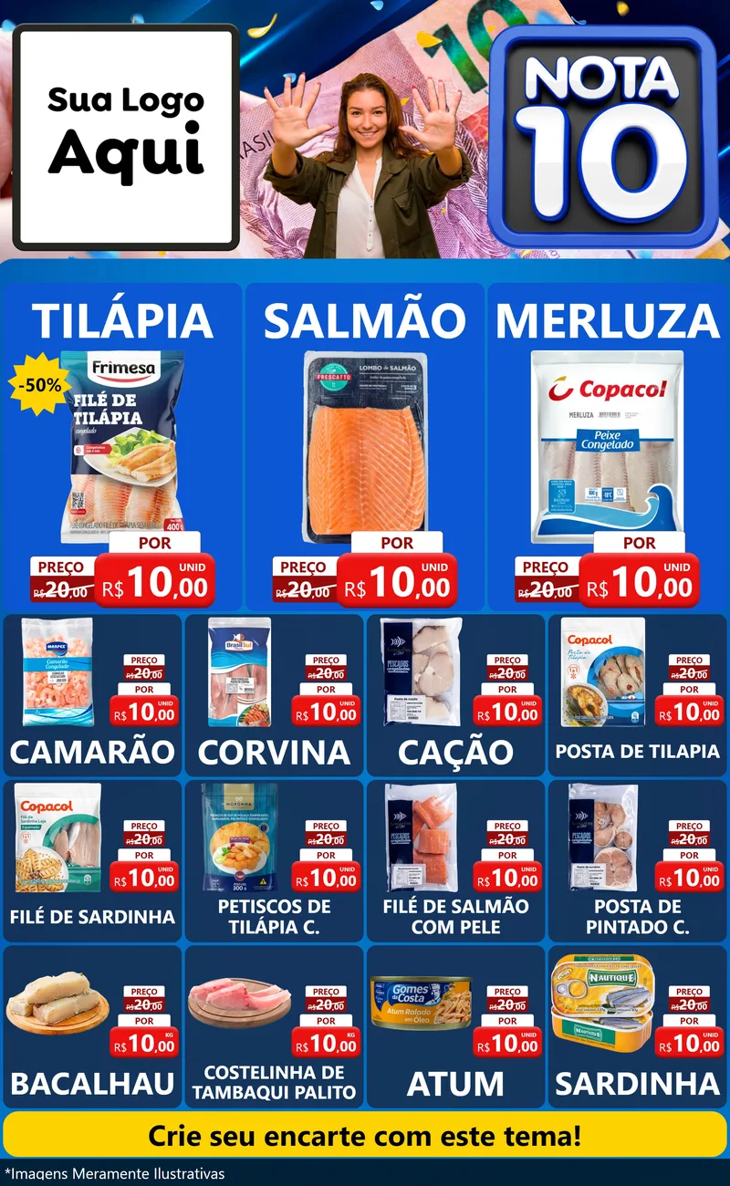 Modelo de Encarte para Encarte Grande com o tema Nota 10 para Peixaria