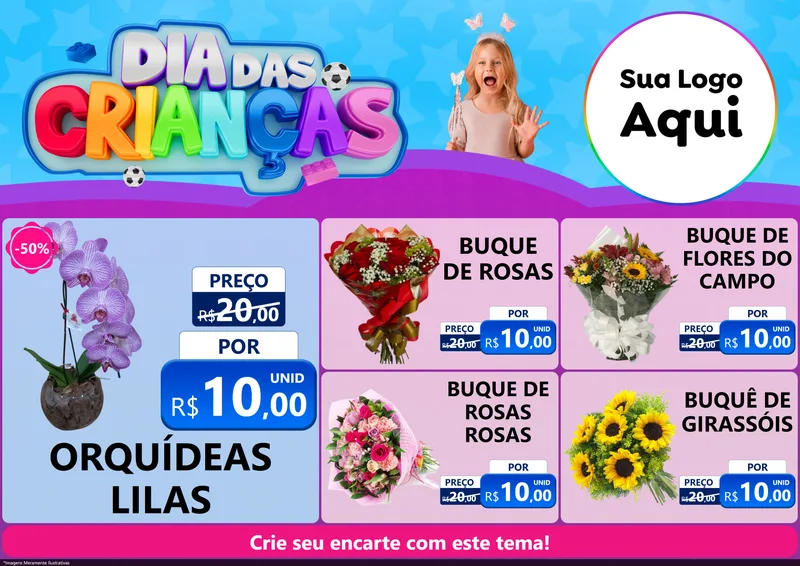 Modelo de Encarte para Encarte A4 Horizontal com o tema Dia Das Crianças para Floricultura e jardim