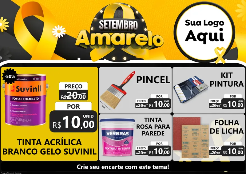 Modelo de Encarte para Encarte A4 Horizontal com o tema Setembro Amarelo para Tintas e Ferramentas