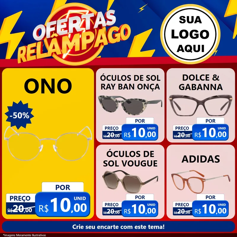 Modelo de Rede Social para Feed Facebook com o tema Ofertas Relâmpago para Óticas