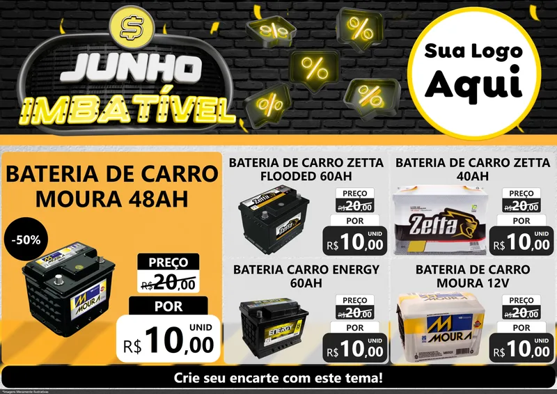 Modelo de Encarte para Encarte A4 Horizontal com o tema Junho Imbatível para Baterias Elétricas