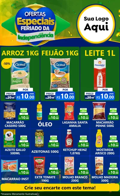 Modelo de Encarte para Encarte Grande com o tema Ofertas Especiais Feriado da Independência para Supermercado
