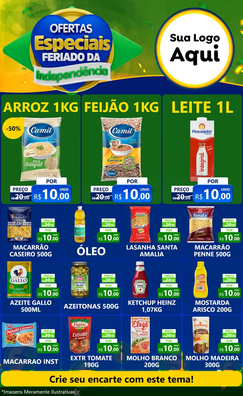 Modelo de Encarte para Encarte Grande com o tema Ofertas Especiais Feriado da Independência para Supermercado