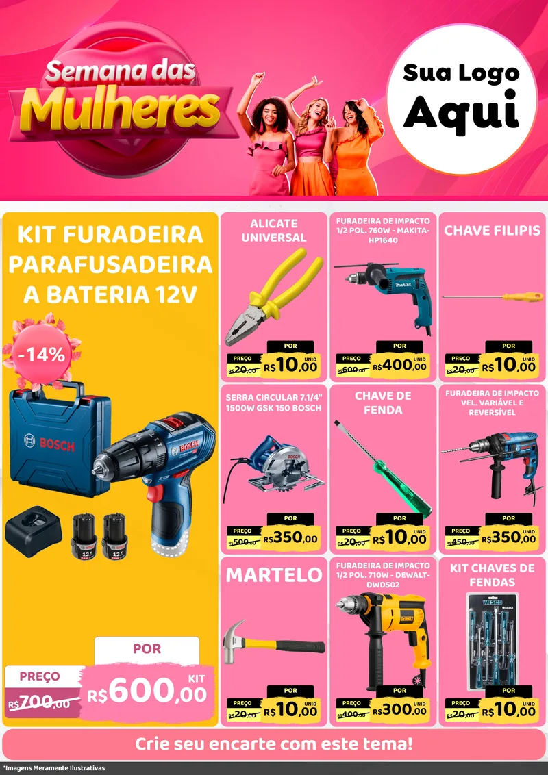 Modelo de Encarte para Encarte A4 Vertical com o tema Semana das Mulheres para Maquinas e Ferramentas
