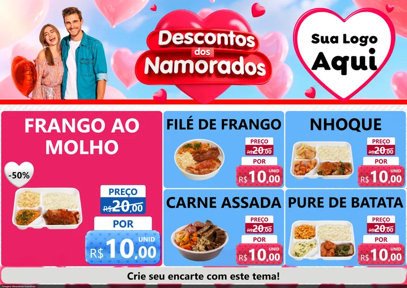 Modelo de Encarte para Encarte A4 Horizontal com o tema Descontos dos Namorados para Restaurante