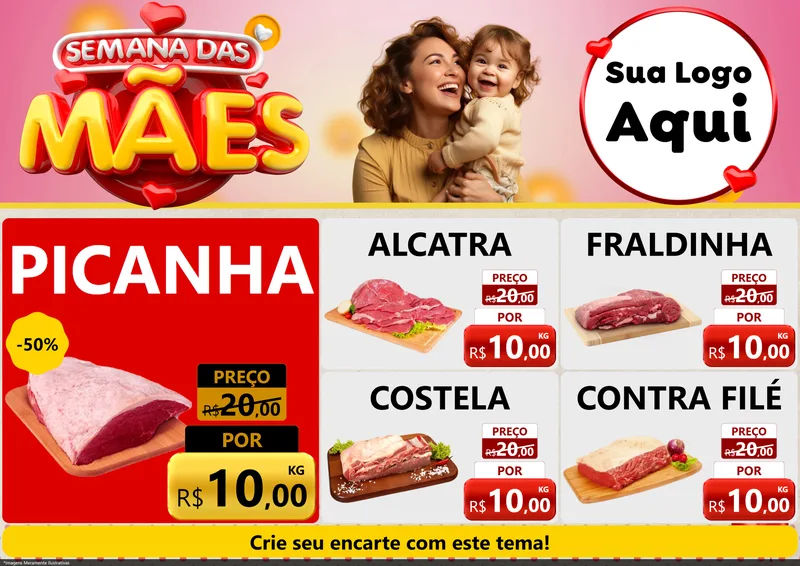 Modelo de Encarte para Encarte A4 Horizontal com o tema Semana das Mães para Açougue