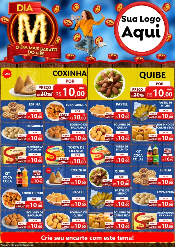 Modelo de Encarte para Encarte A4 Vertical com o tema Dia M - O Dia Mais Barato Do Mês para Salgadaria