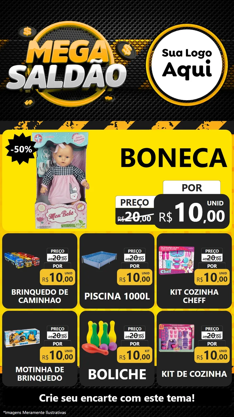 Modelo de Rede Social para Stories com o tema Mega Saldão para Brinquedos