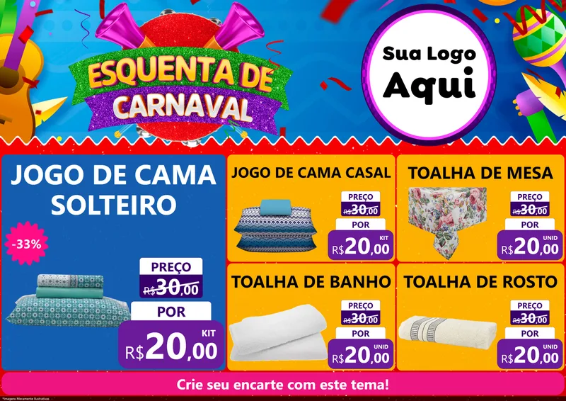 Modelo de Encarte para Encarte A4 Horizontal com o tema Esquenta de Carnaval para Cama, Mesa e Banho