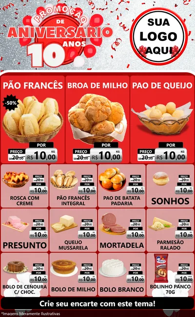 Modelo de Encarte para Encarte Grande com o tema Promoção de Aniversário - 10 Anos para Padaria