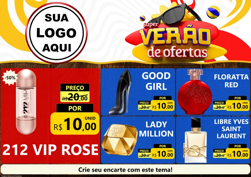 Modelo de Encarte para Encarte A4 Horizontal com o tema Super Verão de Ofertas para Perfumes