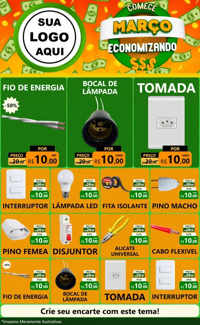 Modelo de Encarte para Encarte Grande com o tema Comece Março Economizando para Materiais Elétricos