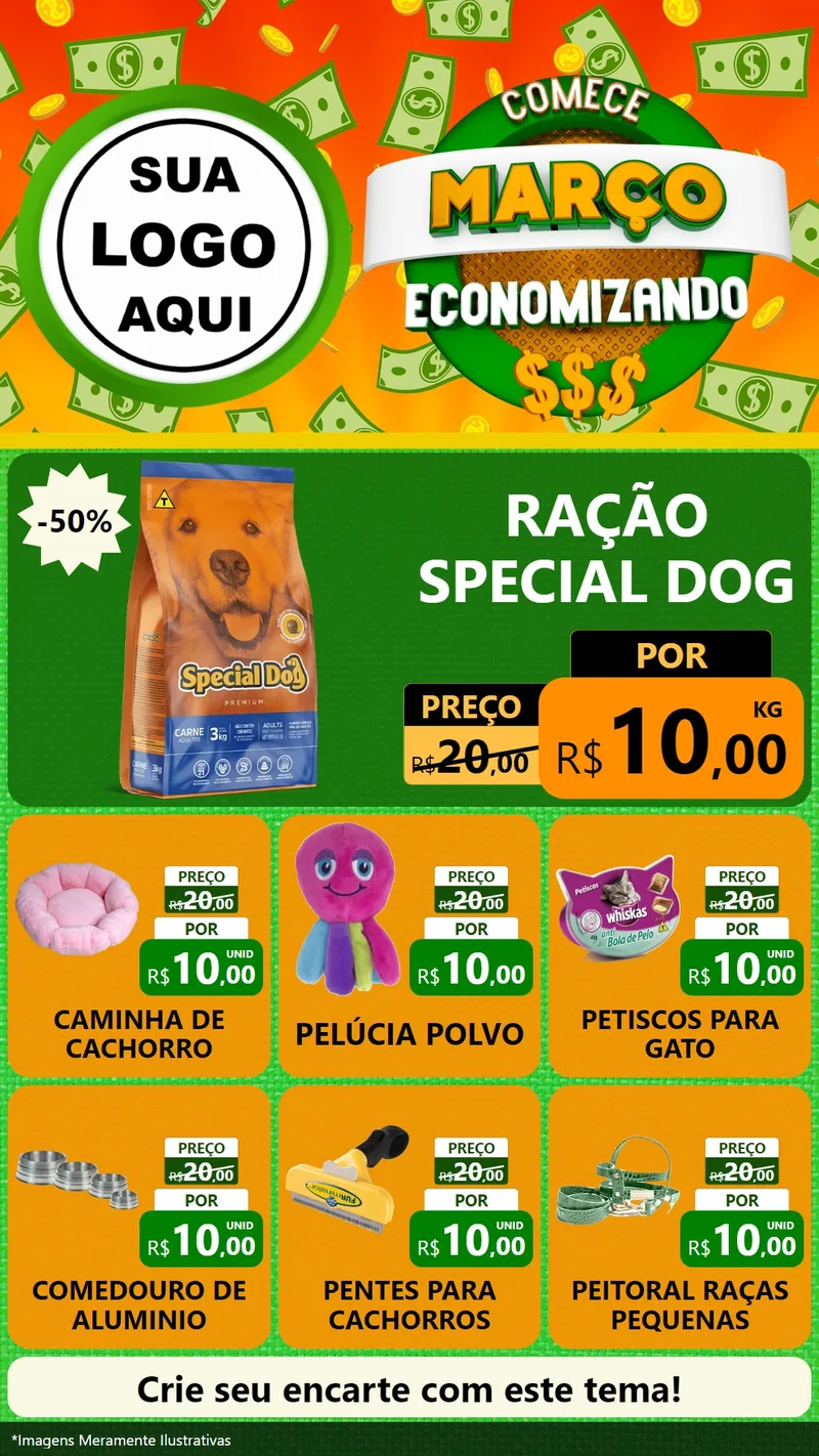 Modelo de Rede Social para Stories com o tema Comece Março Economizando para Pet Shop
