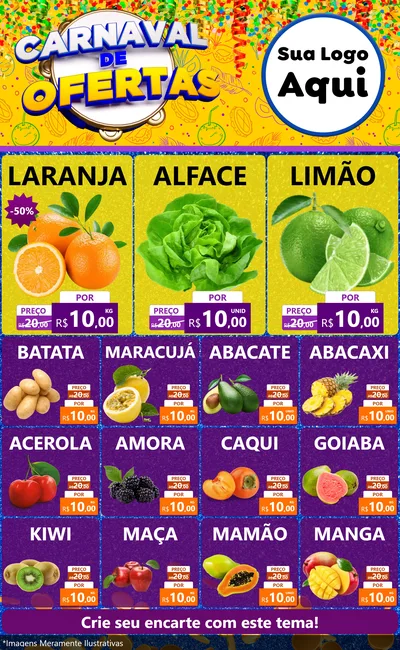 Modelo de Encarte para Encarte Grande com o tema Carnaval de Ofertas para Hortifrúti