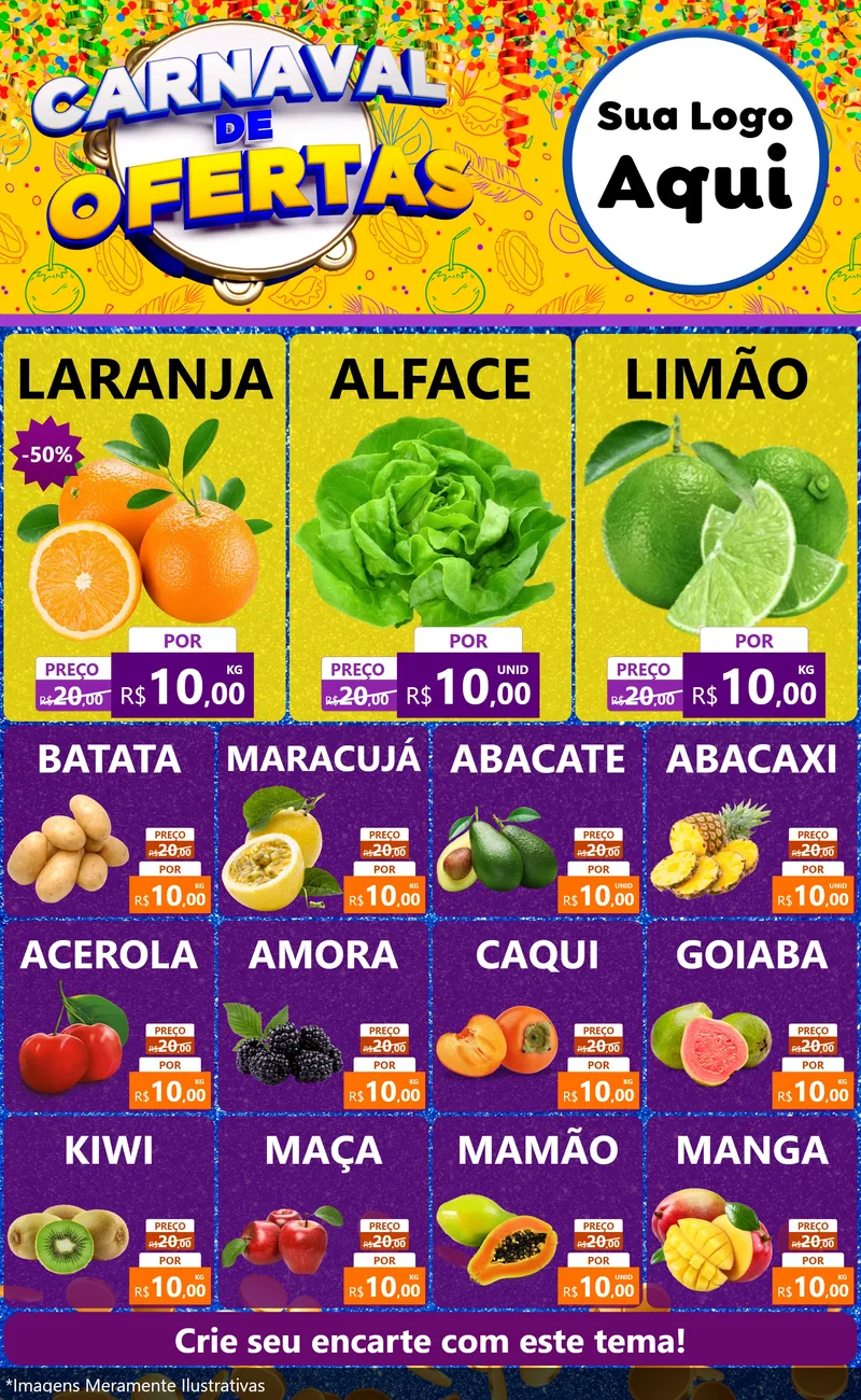 Modelo de Encarte para Encarte Grande com o tema Carnaval de Ofertas para Hortifrúti