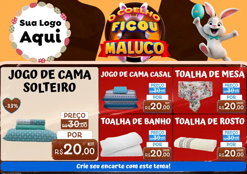 Modelo de Encarte para Encarte A4 Horizontal com o tema O Coelho Ficou Maluco - Páscoa para Cama, Mesa e Banho