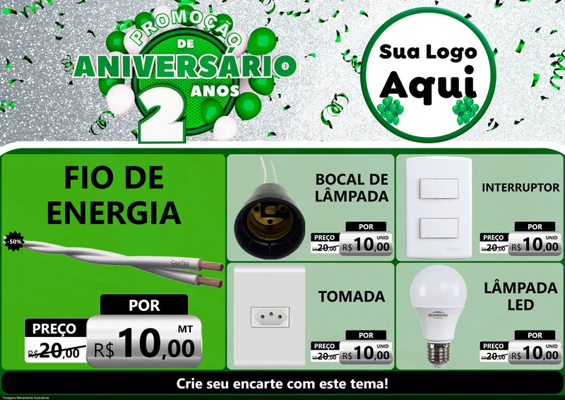 Modelo de Encarte para Encarte A4 Horizontal com o tema Promoção de Aniversário - 2 Anos para Materiais Elétricos