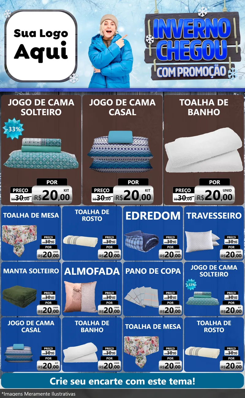 Modelo de Encarte para Encarte Grande com o tema Inverno Chegou Com Promoção para Cama, Mesa e Banho