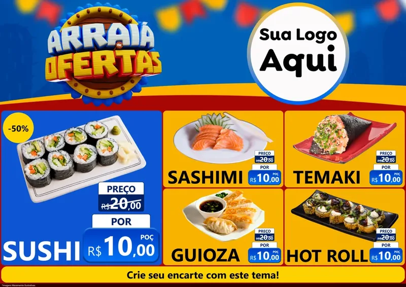 Modelo de Encarte para Encarte A4 Horizontal com o tema Arraiá de Ofertas - Junina para Comida japonesa