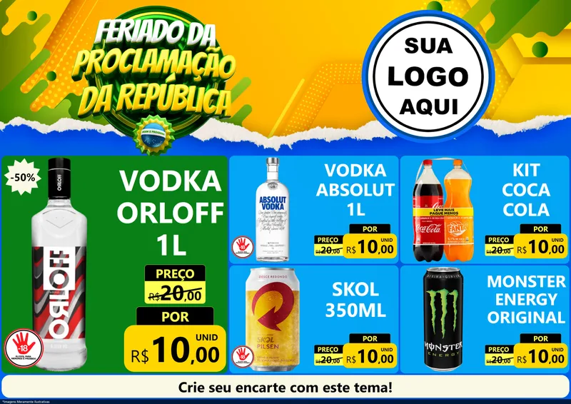 Modelo de Encarte para Encarte A4 Horizontal com o tema Feriado da Proclamação da República para Distribuidora de bebidas