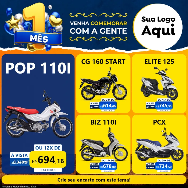 Modelo de Rede Social para Feed Facebook com o tema Um Mês de Aniversário para Concessionaria de Motos