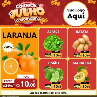 Modelo de Rede Social para Feed Facebook com o tema Comece Julho Economizando para Hortifrúti