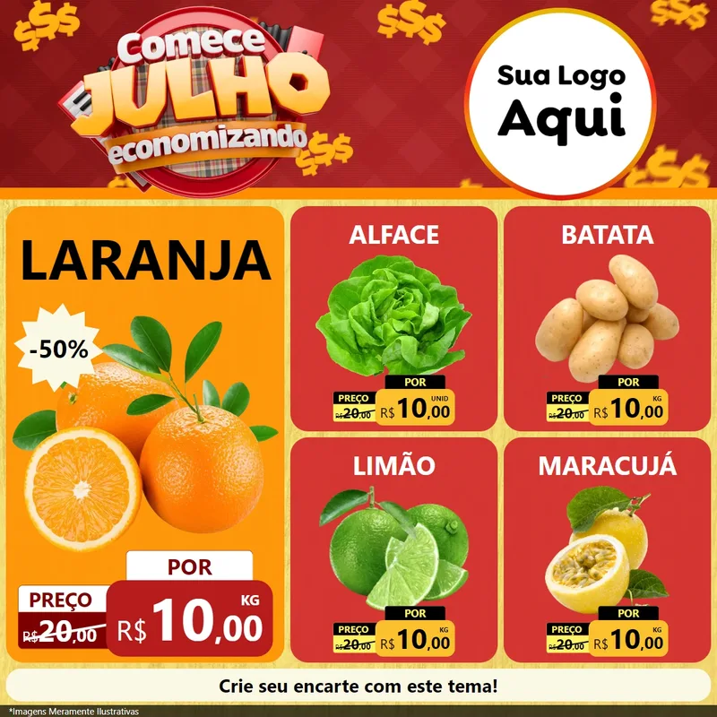 Modelo de Rede Social para Feed Facebook com o tema Comece Julho Economizando para Hortifrúti
