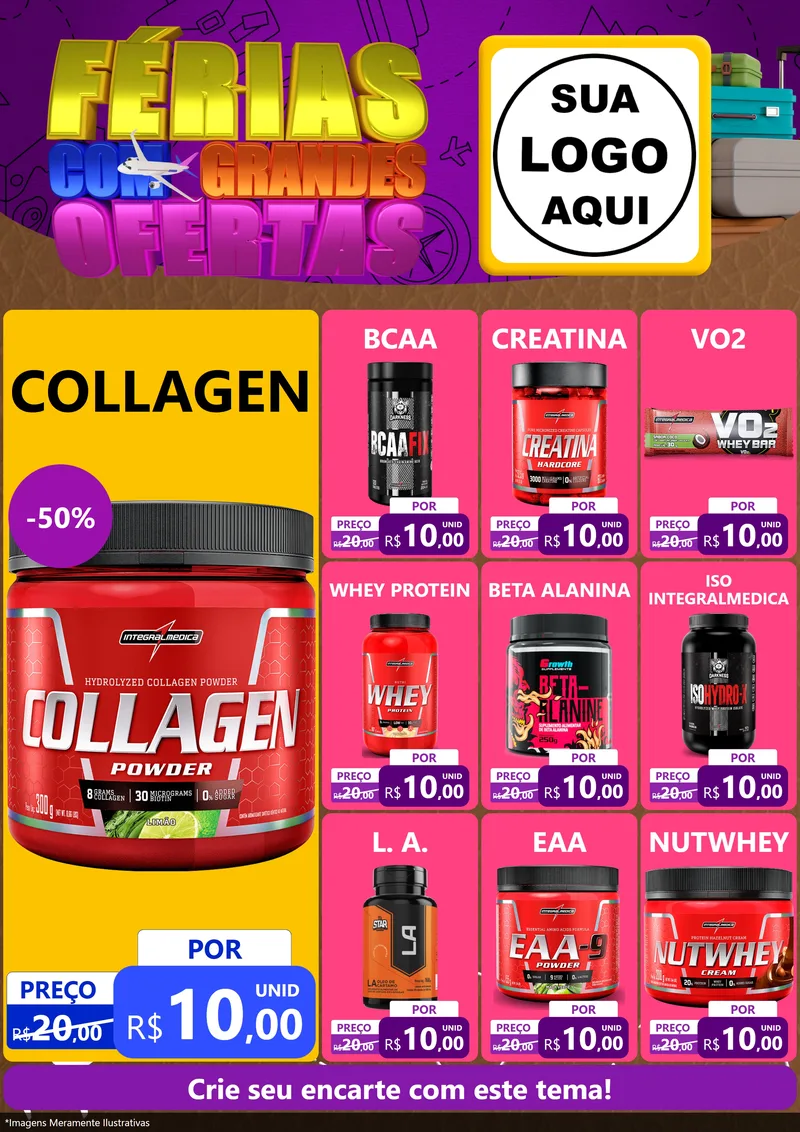 Modelo de Encarte para Encarte A4 Vertical com o tema Férias com Grandes Ofertas para Suplementos alimentares