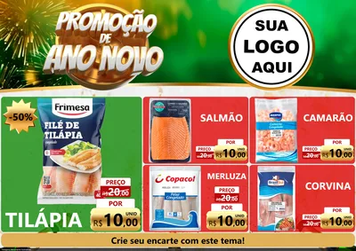 Modelo de Encarte para Encarte A4 Horizontal com o tema Promoção de Ano Novo para Peixaria