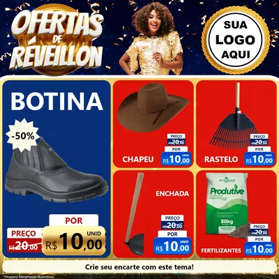 Modelo de Rede Social para Feed Facebook com o tema Ofertas de Réveillon para Agropecuária