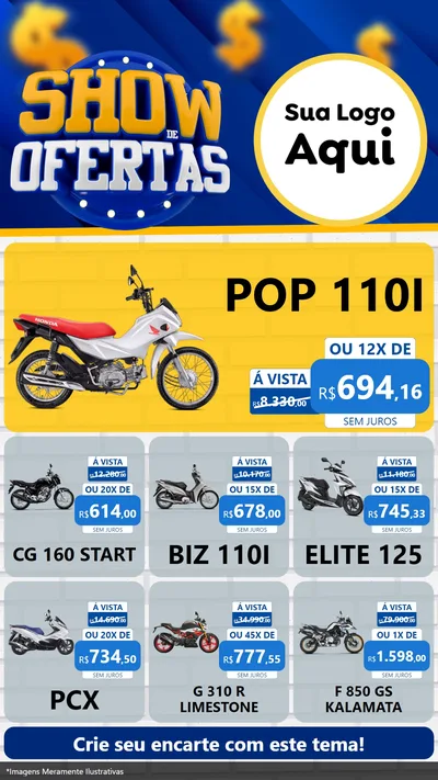 Modelo de Rede Social para Stories com o tema Show de Ofertas para Concessionaria de Motos