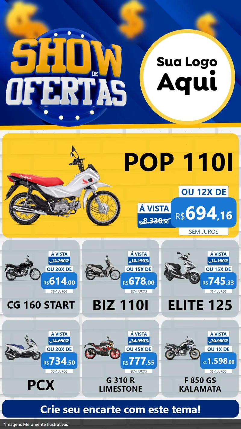 Modelo de Rede Social para Stories com o tema Show de Ofertas para Concessionaria de Motos