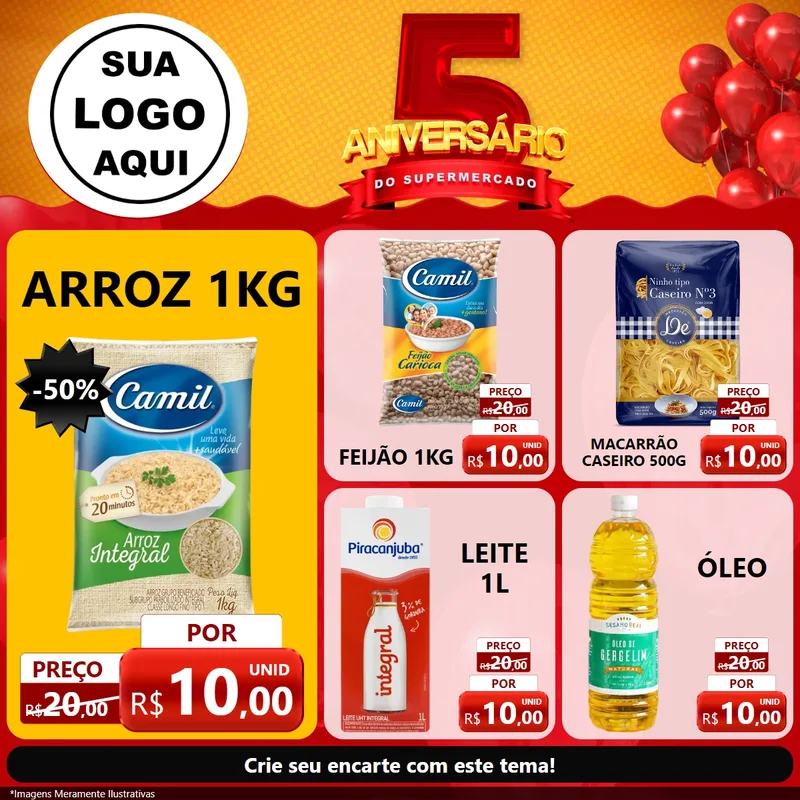 Modelo de Rede Social para Feed Facebook com o tema Aniversário do Supermercado - 5 Anos para Supermercado