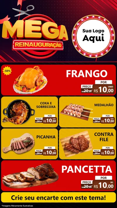Modelo de TV para TV Vertical com o tema Mega Reinauguração para Assados