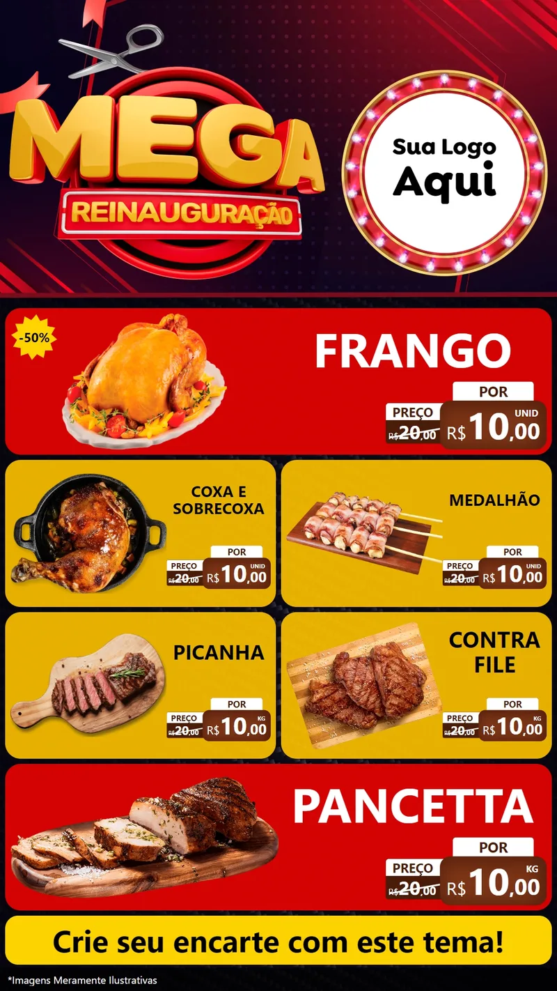 Modelo de TV para TV Vertical com o tema Mega Reinauguração para Assados