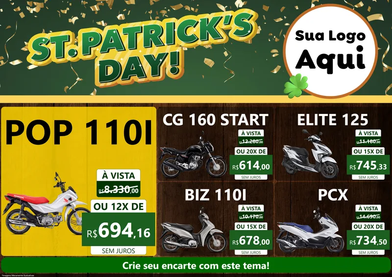 Modelo de Encarte para Encarte A4 Horizontal com o tema St Patriks Day para Concessionaria de Motos