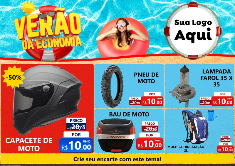 Modelo de Encarte para Encarte A4 Horizontal com o tema Verão da Economia para Moto peças