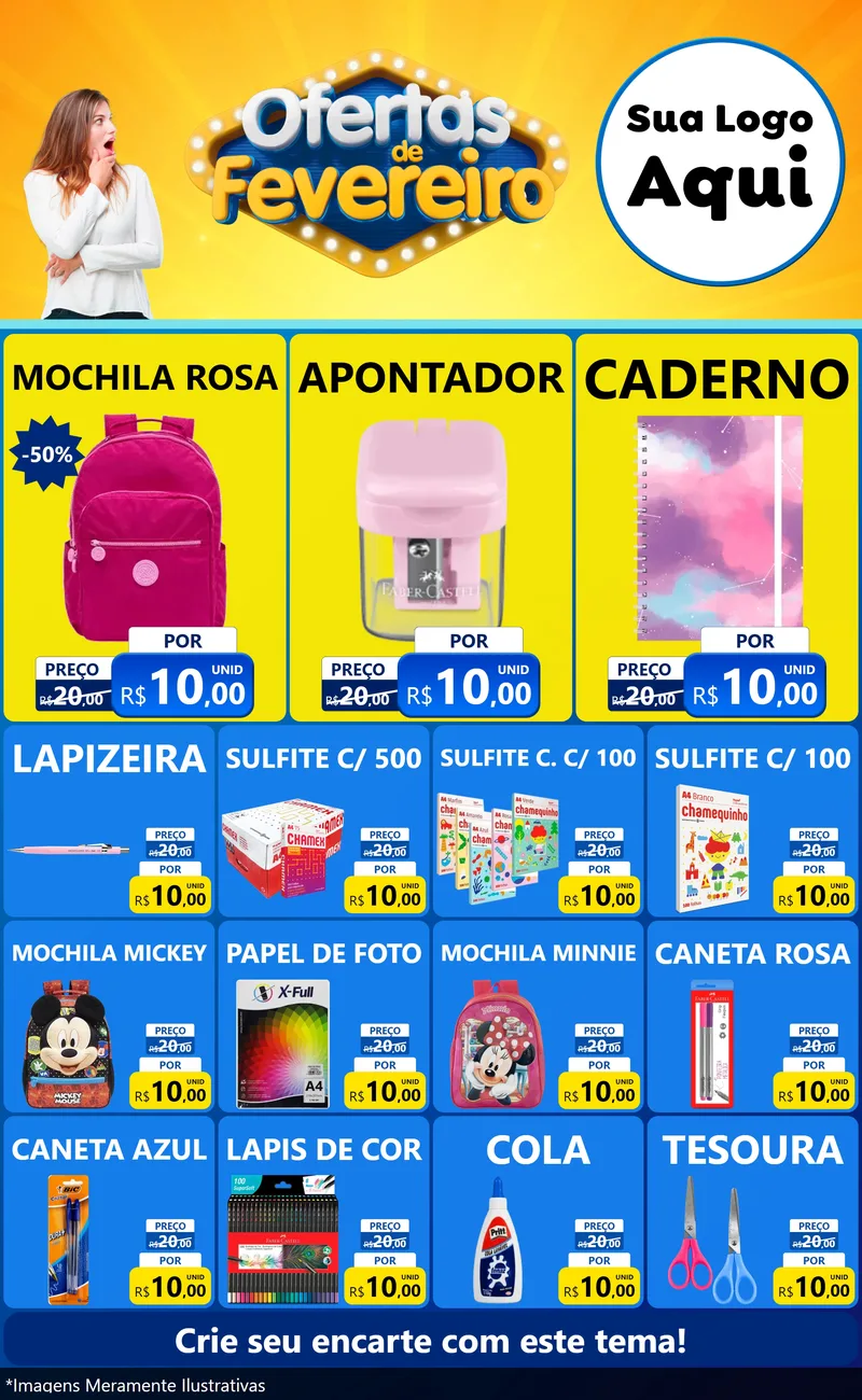 Modelo de Encarte para Encarte Grande com o tema Ofertas de Fevereiro para Papelaria