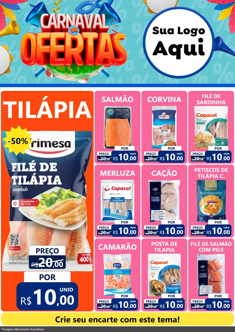 Modelo de Encarte para Encarte A4 Vertical com o tema Carnaval de Ofertas para Peixaria